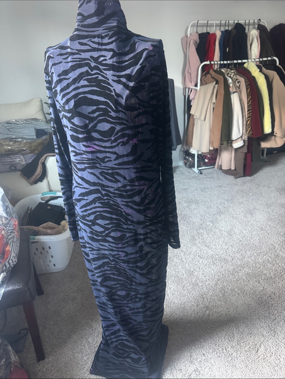 Fashion Nova Turtleneck Long-Sleeve Zebra Maxi Dress - Purple & Black